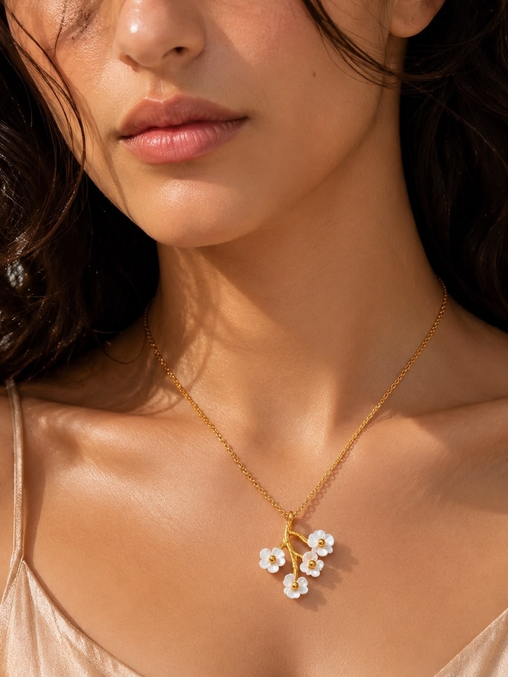 Gold Tone Necklace with White Floral Cluster Pendant